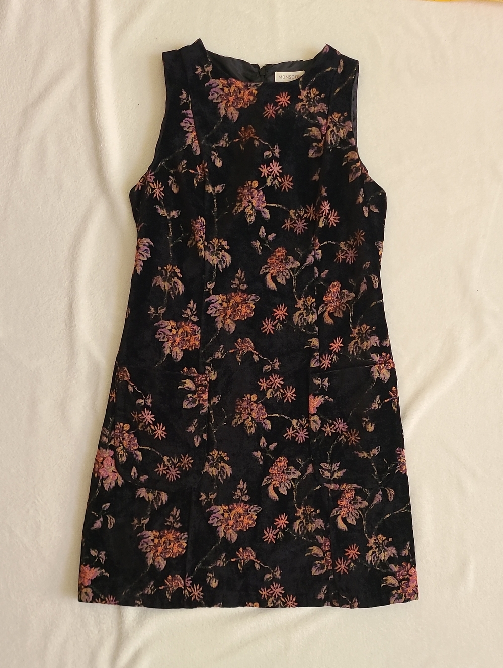 Monsoon Black Velvet Floral Shift Mini Dress Pink Purple 10 Whimsigoth Whimsical